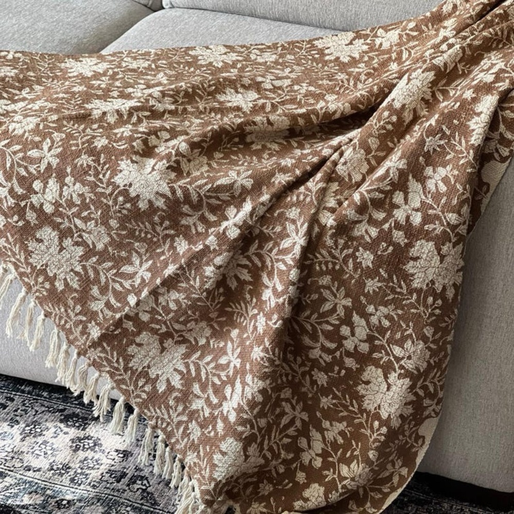Indian Hand Block Printed Floral Throw Blanket, Boho Cotton Sofa Throw